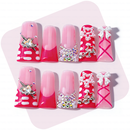 Bubblegum Glam – Pink Ombré Long Duck Press-Ons with Star & Bow Accents
