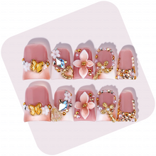 Butterfly Bloom-Nude Pink Short Duck Press-Ons with 3D Floral & Gold Butterfly Charms