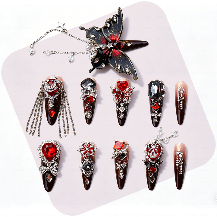 Made-to-Order | Dark Butterfly Gothic – Black & Red Ombre Long Stiletto Press-Ons with 3D Butterfly and Chain Charms