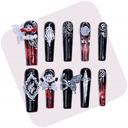 Goth Doll-Black & Red Long Square Water Press-Ons with 3D Doll & Snake Charms