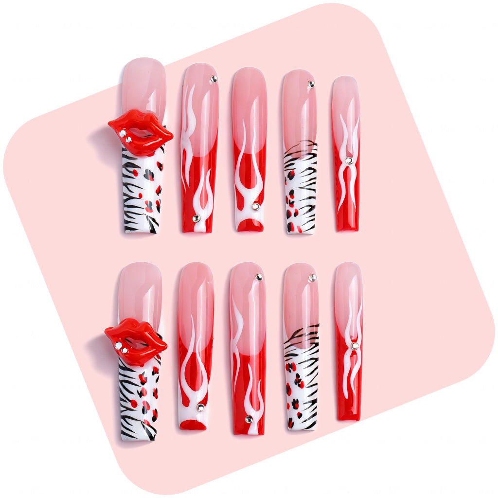 Flame Lip  Red & Nude Long Square Press-Ons with 3D Lip & Flame Accents