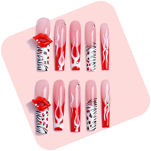 Flame Lip  Red & Nude Long Square Press-Ons with 3D Lip & Flame Accents
