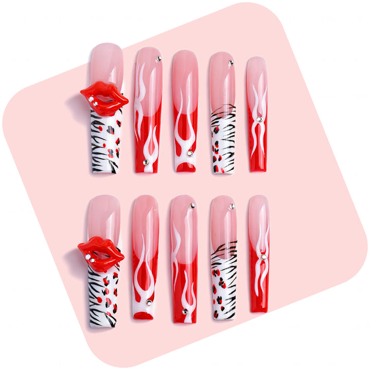 Flame Lip  Red & Nude Long Square Press-Ons with 3D Lip & Flame Accents