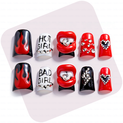 Rebel Pout - Rebel Red & Black Short Duck Press-Ons with 3D Lip & Rhinestone Charms
