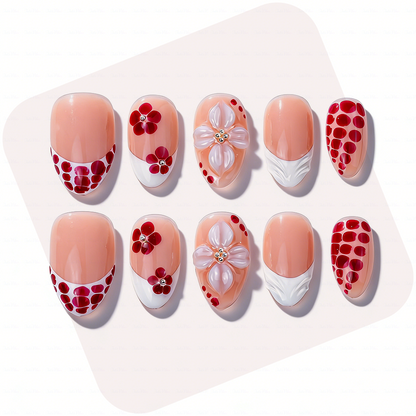 Red Leopard Bloom – Nude Red Short Almond Press-Ons with 3D Floral & Leopard Print Accents
