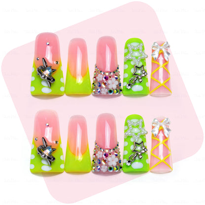 Neon Sweetie-Pink & Neon Green Long Duck Press-Ons with 3D Star & Bow Charms