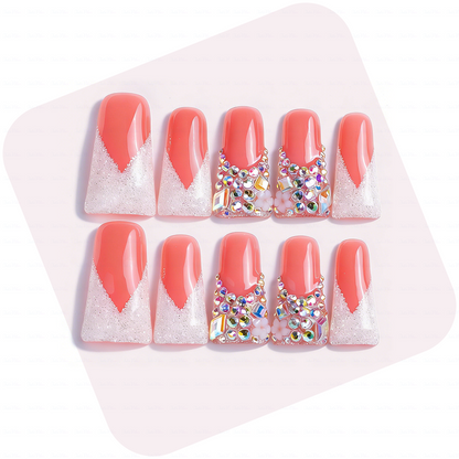 Peach Glitz – Coral & Silver Glitter Long Duck Press-Ons with Crystal Clusters