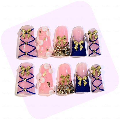 Gold Bow Lolita – Pink & Navy Blue Long Duck Press-Ons with Gold Bow & Rhinestone Accents