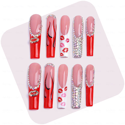 Lip Print French  Red & Nude Long Square Press-Ons with Lip Accents & Rhinestone Details