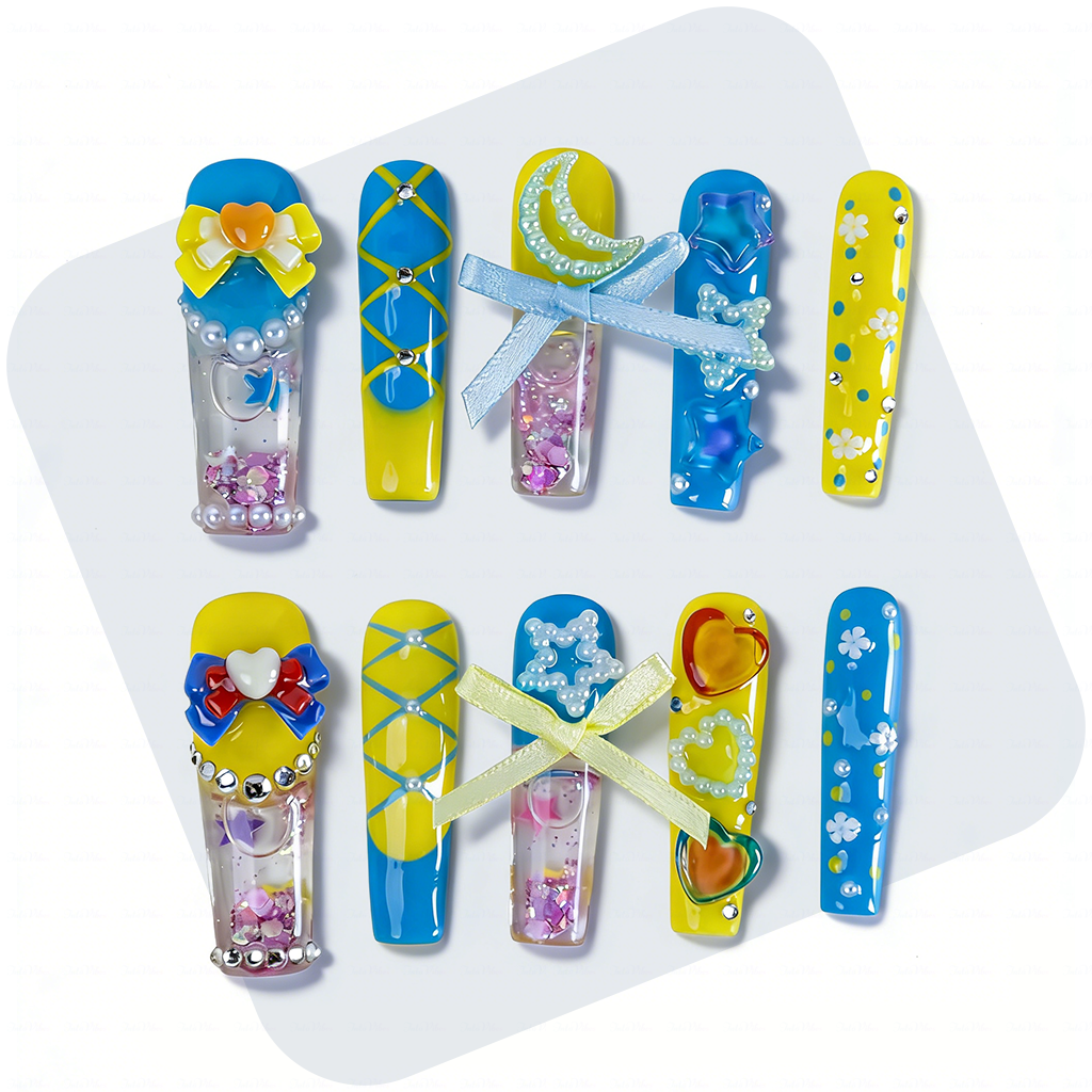 Kawaii Bow  Blue & Yellow Long Square Water Press-Ons with 3D Bow & Moon Charms
