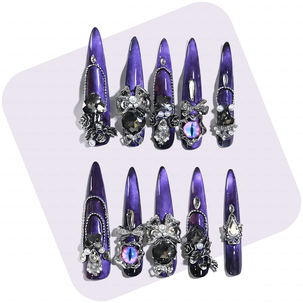 Noir Amethyst – Satin Purple Stiletto Press-Ons with Dark Crystal & Chain Charms