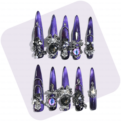 Noir Amethyst – Satin Purple Stiletto Press-Ons with Dark Crystal & Chain Charms