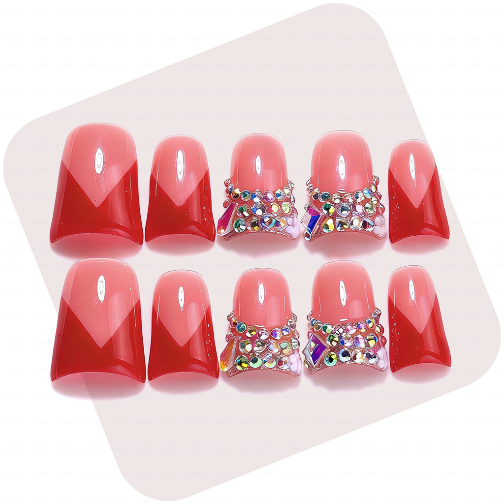 Ruby V French-Nude & Red Short Duck Press-Ons with V-Tip & Iridescent Rhinestone Accents
