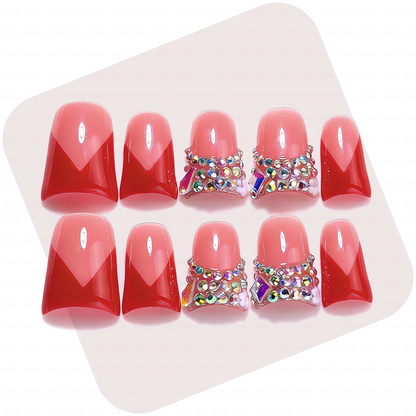 Ruby V French-Nude & Red Short Duck Press-Ons with V-Tip & Iridescent Rhinestone Accents