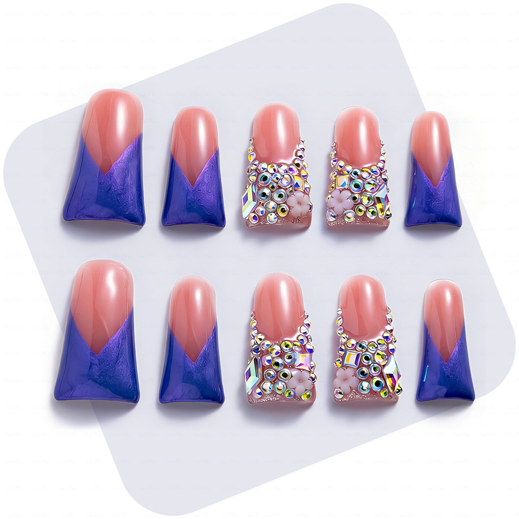 Lavender Blossom – Pink & Purple Long Duck Press-Ons with Crystal & Floral Accents
