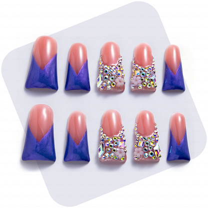 Lavender Blossom – Pink & Purple Long Duck Press-Ons with Crystal & Floral Accents