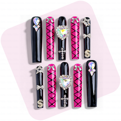 Baddie Glitz – Hot Pink & Black Long Square Press-Ons with Heart Gem & Cross Charms