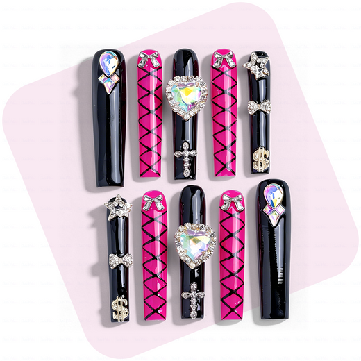Baddie Glitz – Hot Pink & Black Long Square Press-Ons with Heart Gem & Cross Charms