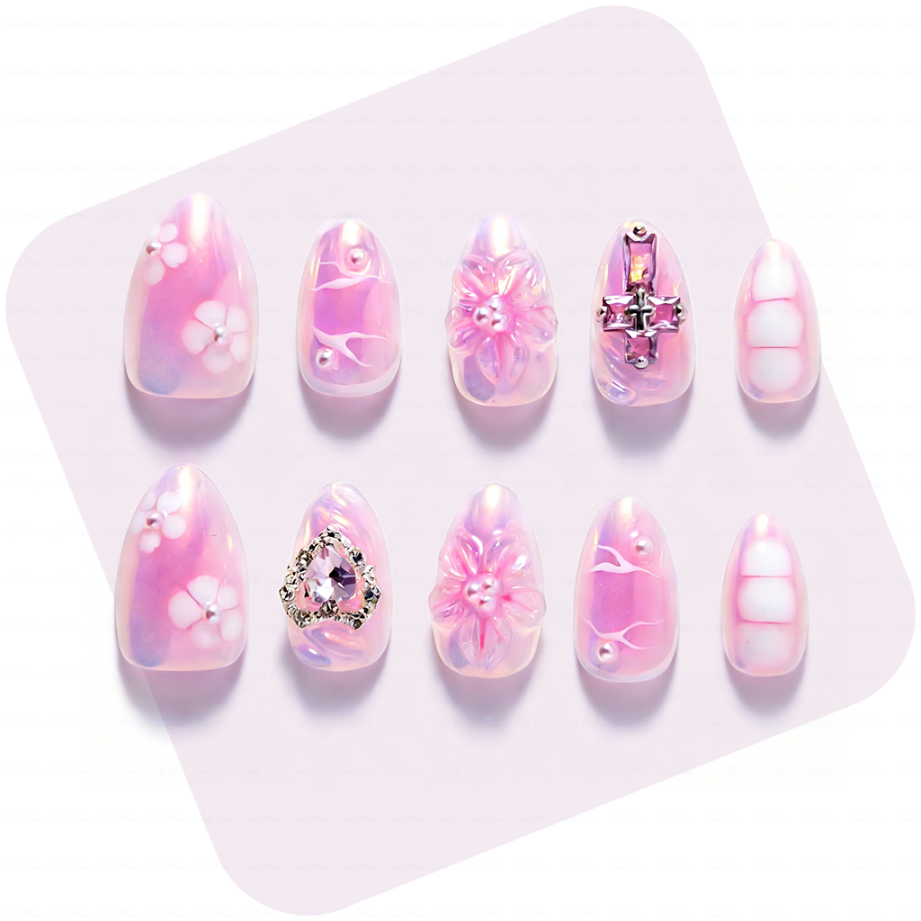 Aurora Bloom – Iridescent Pink Short Almond Press-Ons with 3D Floral & Heart Rhinestone Charms