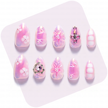 Aurora Bloom – Iridescent Pink Short Almond Press-Ons with 3D Floral & Heart Rhinestone Charms