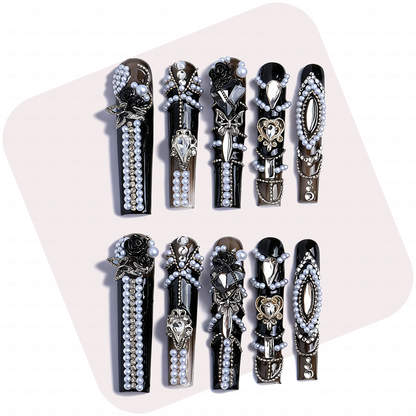 Gothic Baroque-Black & Brown Long Square Press-Ons with Pearl Rose & Butterfly Charms