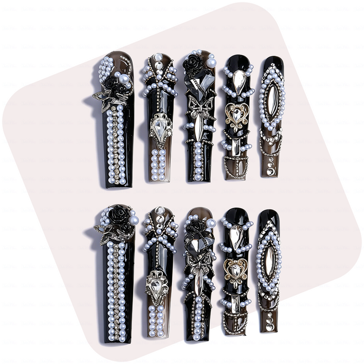 Gothic Baroque-Black & Brown Long Square Press-Ons with Pearl Rose & Butterfly Charms