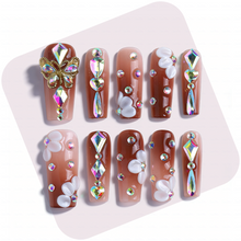 Butterfly Glow Nude Brown Medium Square Press-Ons with Gold Butterfly & Iridescent Gem Accents