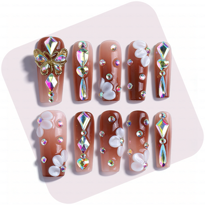 Butterfly Glow Nude Brown Medium Square Press-Ons with Gold Butterfly & Iridescent Gem Accents