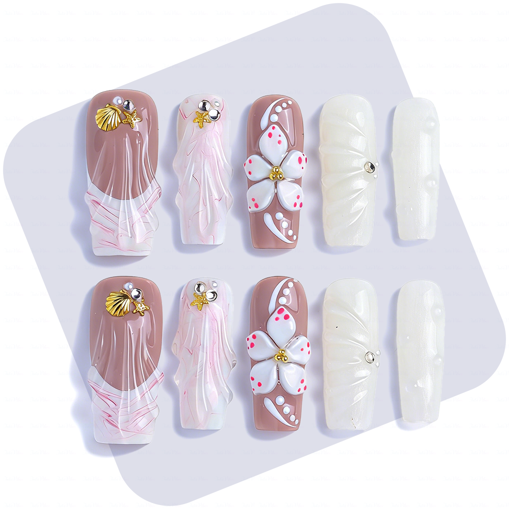 Seashell Bloom-Nude & White Medium Square Press-Ons with 3D Floral & Seashell Accents