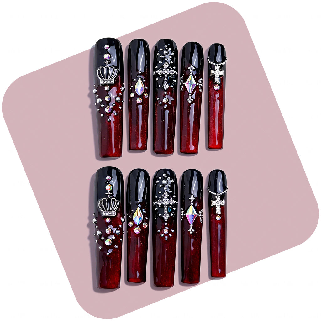 Goth Royal Black & Red Long Square Press-Ons with Crown & Cross Charms