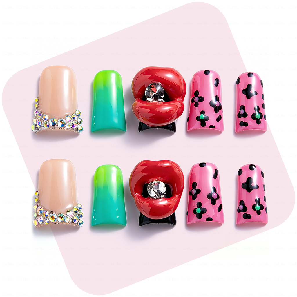 Lip Pop-Multi-Color Short Duck Press-Ons with 3D Lip & Rhinestone Accents