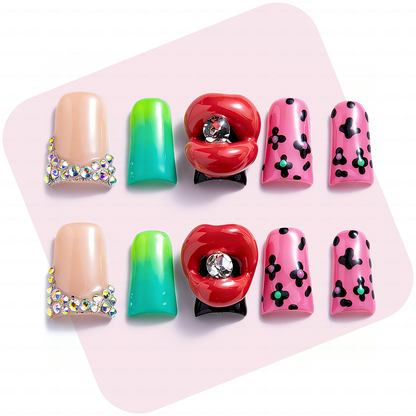 Lip Pop-Multi-Color Short Duck Press-Ons with 3D Lip & Rhinestone Accents