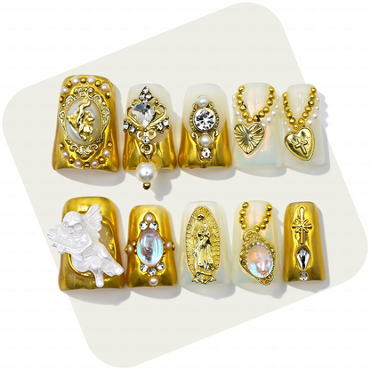 Baroque Angel – Gold & Milky White Short Duck Press-Ons with 3D Angel & Virgin Mary Charms
