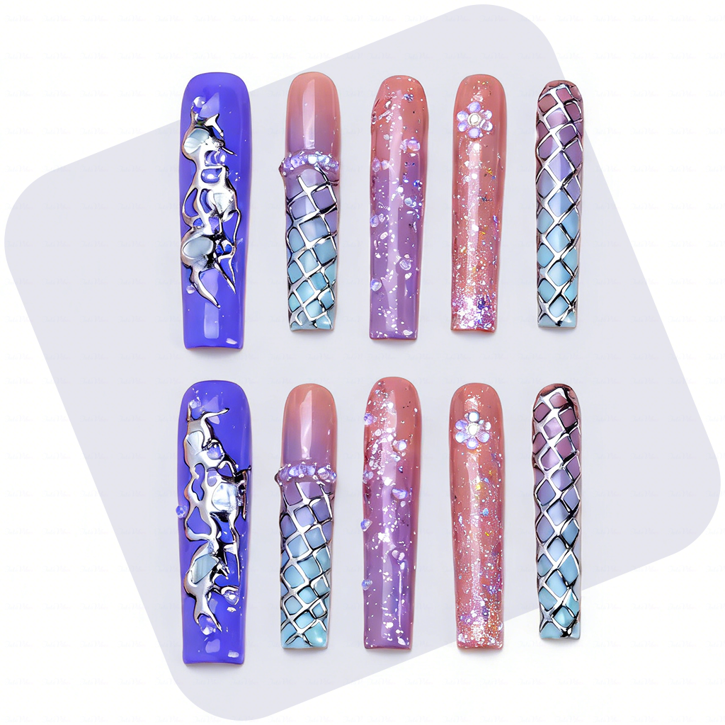 Mystic Gradient – Multi-Tone Long Square Press-Ons with Chrome & Glitter Accents
