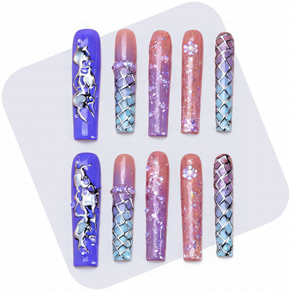 Mystic Gradient – Multi-Tone Long Square Press-Ons with Chrome & Glitter Accents