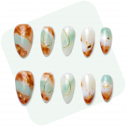 Jade Latte – Mint & Caramel Medium Almond Press-Ons with Marble Swirl & Gold Foil Accents