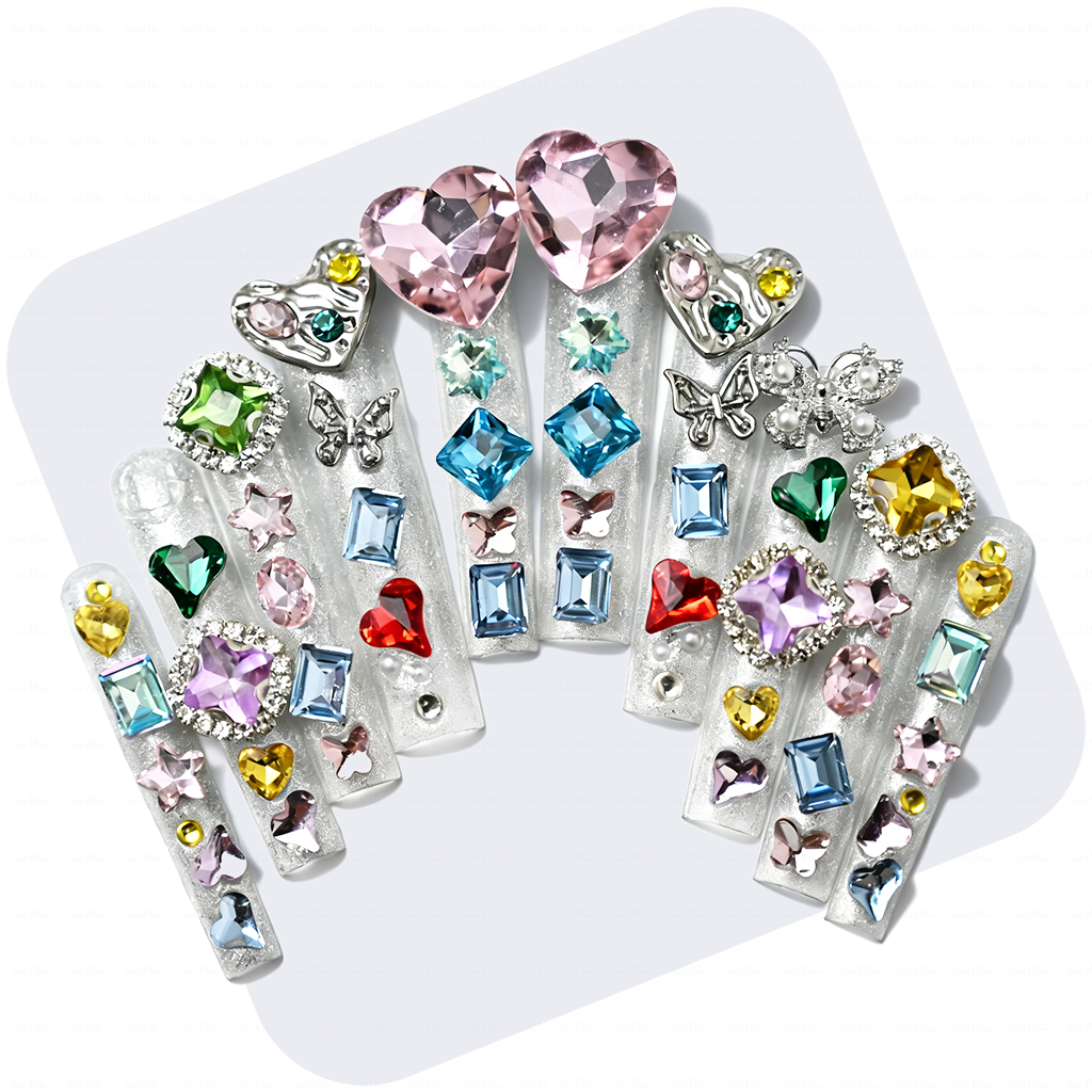 Rainbow Gem-Silver Long Square Press-Ons with Multi-Color Heart & Butterfly Rhinestone Accents