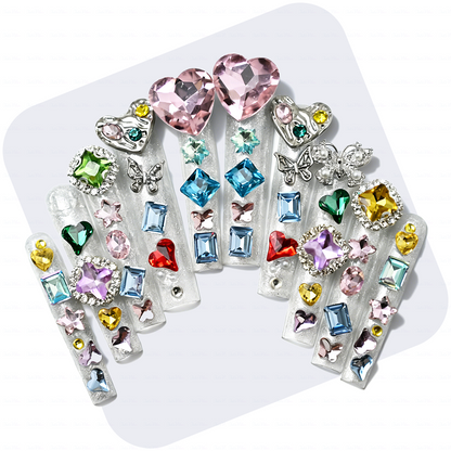 Rainbow Gem-Silver Long Square Press-Ons with Multi-Color Heart & Butterfly Rhinestone Accents