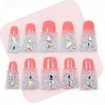 Sugar Glitter – Pink & White Long Duck Press-Ons with Iridescent Crystal Accents