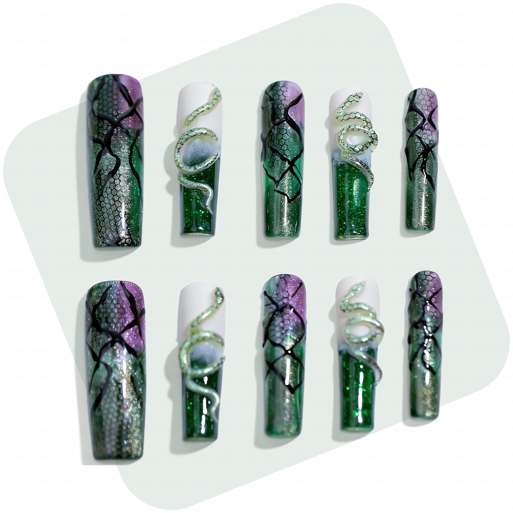 Snake Scale  Green & Purple Long Square Water Press-Ons with 3D Snake & Cracked Print Accents