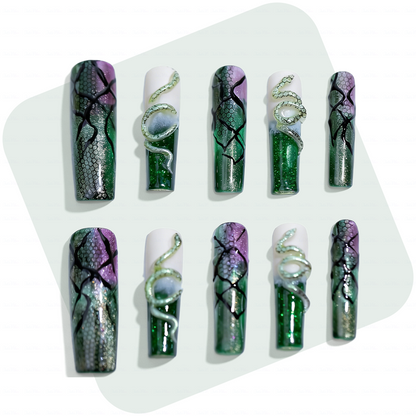 Snake Scale  Green & Purple Long Square Water Press-Ons with 3D Snake & Cracked Print Accents