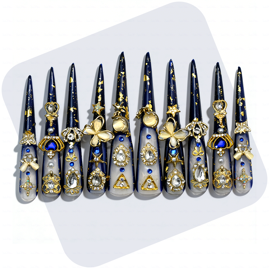 Midnight Royal-Navy Blue & Milky White Extra Long Stiletto Press-Ons with Gold Foil & Gem Butterfly Charms