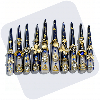 Midnight Royal-Navy Blue & Milky White Extra Long Stiletto Press-Ons with Gold Foil & Gem Butterfly Charms