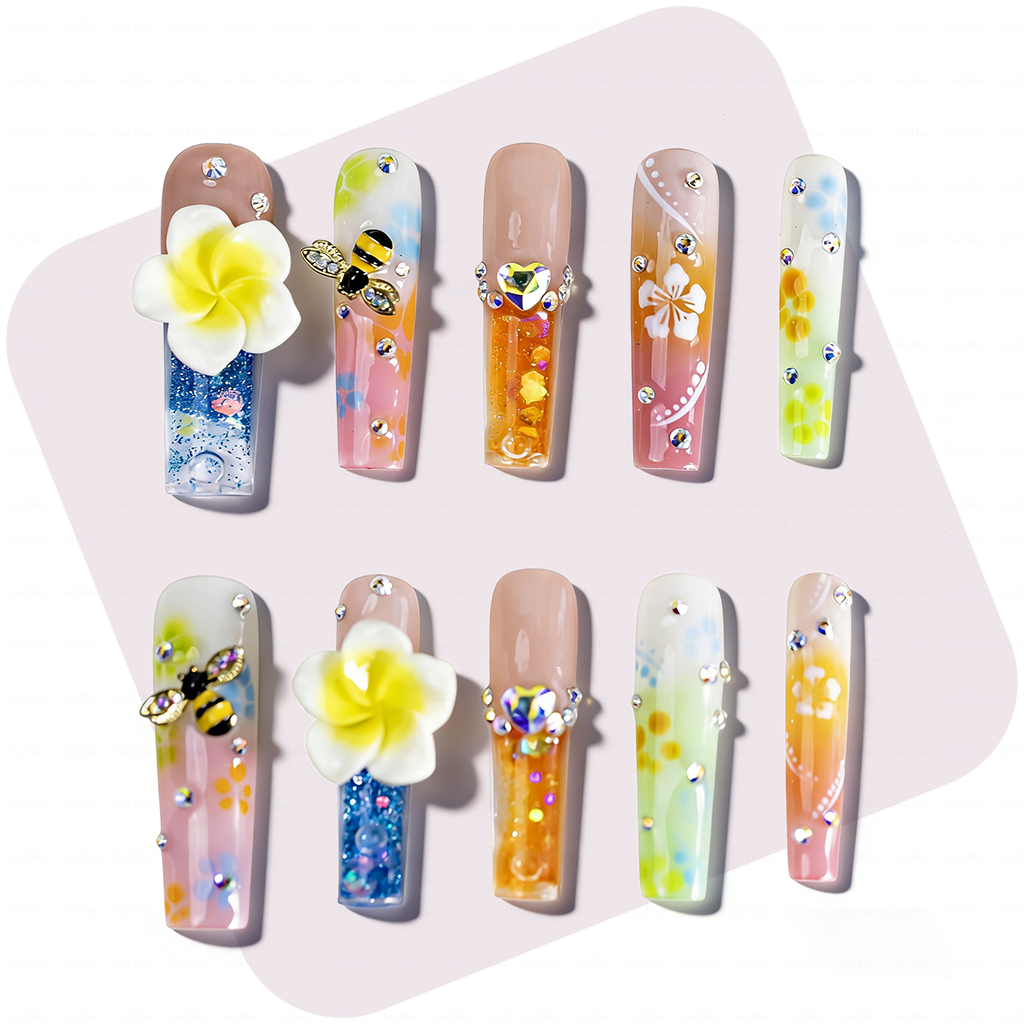 Plumeria Honey Bee  Pastel Rainbow Long Square Water Press-Ons with 3D Flower & Bee Charms