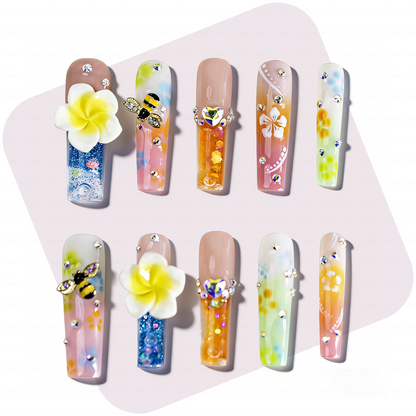 Plumeria Honey Bee  Pastel Rainbow Long Square Water Press-Ons with 3D Flower & Bee Charms