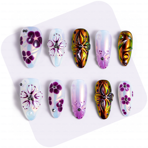 Aurora Flora – Iridescent Purple Medium Almond Press-Ons with 3D Floral & Chameleon Metallic Accents