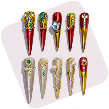 Royal Gala – Red & Gold Stiletto Press-Ons with Crystal & Pearl Accents