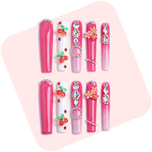 Cherry Blossom  Hot Pink Long Square Press-Ons with 3D Cherry & Flower Charms
