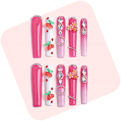 Cherry Blossom  Hot Pink Long Square Press-Ons with 3D Cherry & Flower Charms