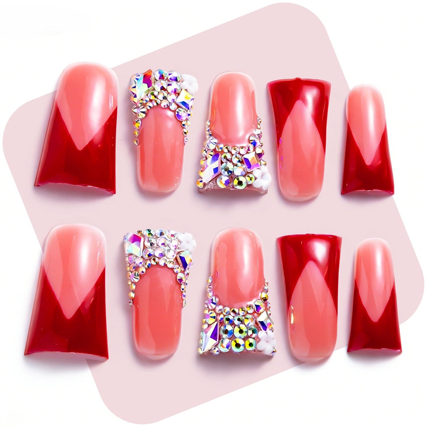 Ruby V French  Nude & Red Long Duck Press-Ons with Iridescent Rhinestone Accents